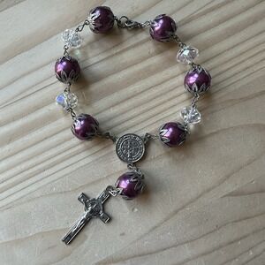 Vintage Rosary Bracelet 9 Inch Cross Purple Beads Acrylic Crystals Silver Tone